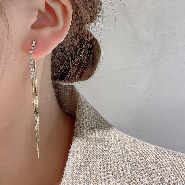 

Rhinestone Decor Metal Tassel Earrings, Gold