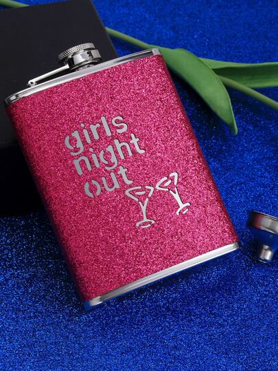 1pc 8oz Portable Glitter Liquor Flask With Silver Finish And 240ml Mini Funnel