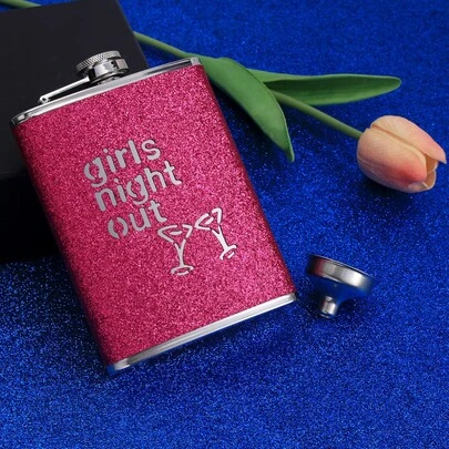 1pc 8oz Portable Glitter Liquor Flask With Silver Finish And 240ml Mini Funnel