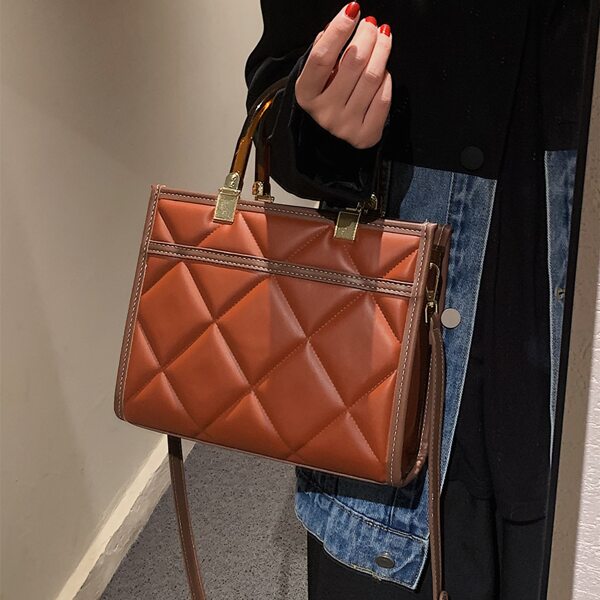 

Diamond Quilted Zipper Satchel Bag, Brown