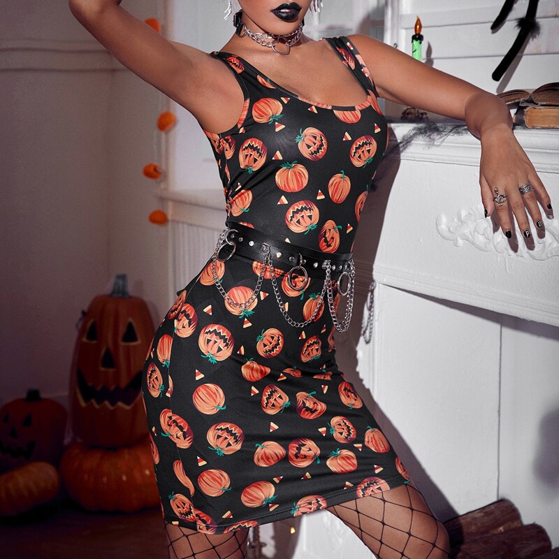 

Halloween Print Scoop Neck Sleeveless Bodycon Dress Without Belt, Multicolor