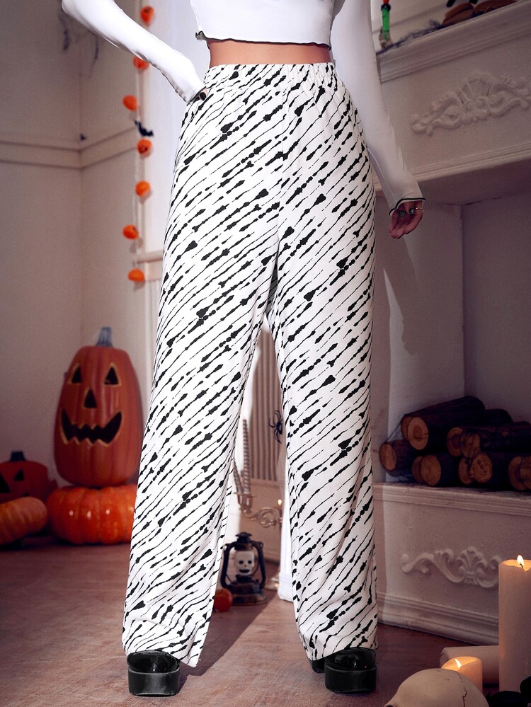Elastic Waist Allover Print Pants - Black and White - View 1