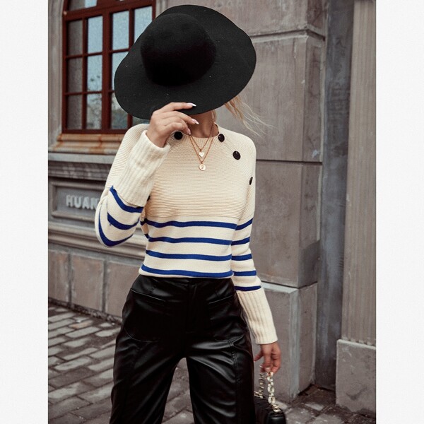 

Striped Button Front Raglan Sleeve Sweater, Beige