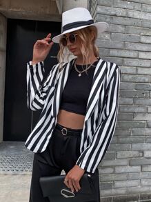 Striped Shawl Collar Blazer - Black and White - View 1
