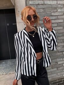 Striped Shawl Collar Blazer - Black and White - View 3