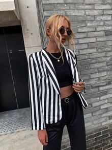 Striped Shawl Collar Blazer - Black and White - View 6