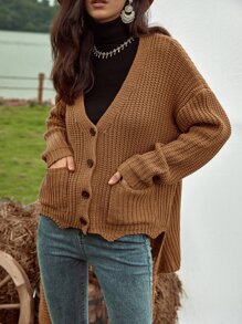 SHEIN LUNE 落肩袖前口袋不對稱下擺開襟衫 - 棕色 - 查看 1