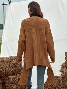 SHEIN LUNE 落肩袖前口袋不對稱下擺開襟衫 - 棕色 - 查看 2