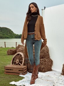 SHEIN LUNE 落肩袖前口袋不對稱下擺開襟衫 - 棕色 - 查看 3