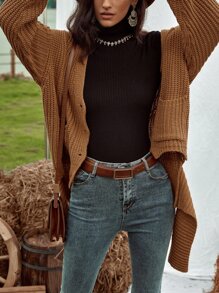 SHEIN LUNE 落肩袖前口袋不對稱下擺開襟衫 - 棕色 - 查看 4