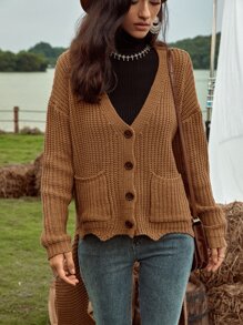 SHEIN LUNE 落肩袖前口袋不對稱下擺開襟衫 - 棕色 - 查看 5