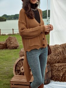 SHEIN LUNE 落肩袖前口袋不對稱下擺開襟衫 - 棕色 - 查看 6