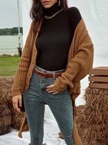 SHEIN LUNE 落肩袖前口袋不對稱下擺開襟衫 - 棕色 - 查看 7