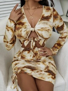 SHEIN SXY Đầm Cắt ra Dây kéo Thắt nút Cà vạt nhuộm Gợi cảm - Nhiều màu - Xem 5