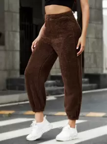 SHEIN High Waist Solid Teddy Joggers - Coffee Brown - View 1
