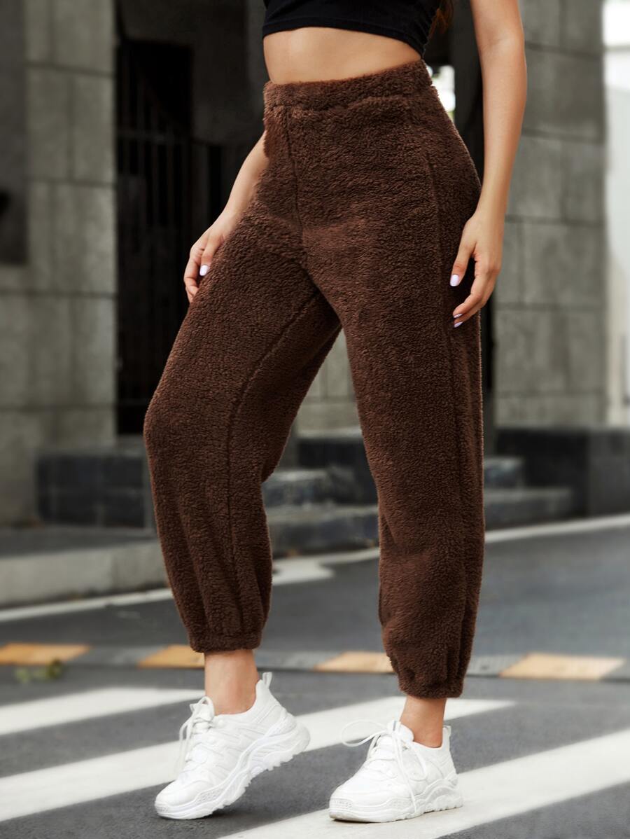 SHEIN High Waist Solid Teddy Joggers - Coffee Brown - View 1