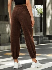 SHEIN High Waist Solid Teddy Joggers - Coffee Brown - View 2