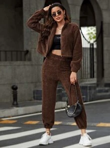 SHEIN High Waist Solid Teddy Joggers - Coffee Brown - View 3