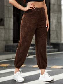 SHEIN High Waist Solid Teddy Joggers - Coffee Brown - View 4