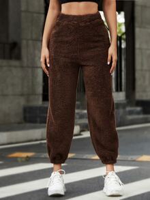 SHEIN High Waist Solid Teddy Joggers - Coffee Brown - View 5