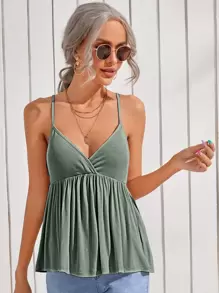 SHEIN Frenchy 交叉領荷葉邊下擺下擺吊帶上衣 - 綠色 - 查看 5