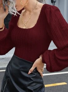 SHEIN Frenchy Cable Textured Lantern Sleeve Tee Winter Christmas Burgundy Casual - Burgundy - View 1