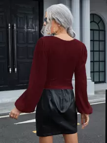 SHEIN Frenchy Cable Textured Lantern Sleeve Tee Winter Christmas Burgundy Casual - Burgundy - View 2