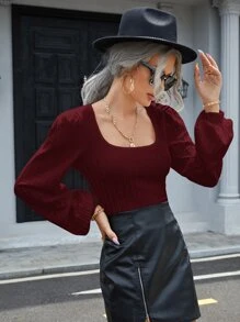 SHEIN Frenchy Cable Textured Lantern Sleeve Tee Winter Christmas Burgundy Casual - Burgundy - View 3