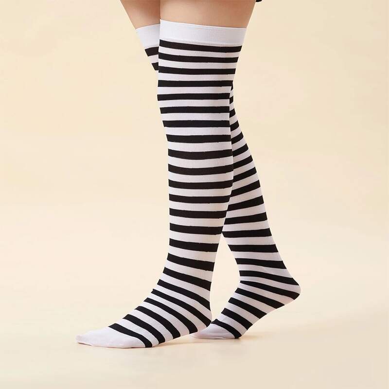 

Striped Pattern Over The Knee Socks, White