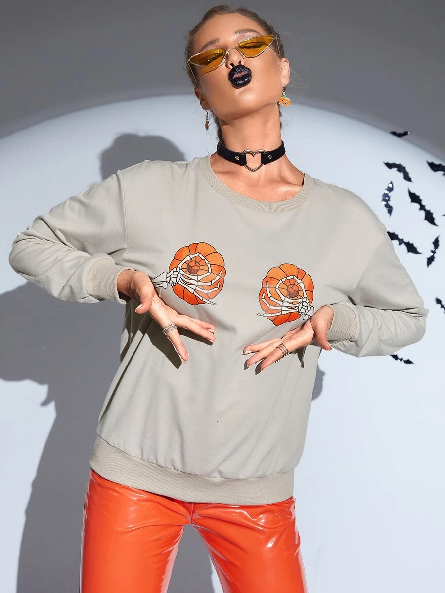 PUNK Halloween Print Drop Shoulder Sweatshirt - Apricot - View 1