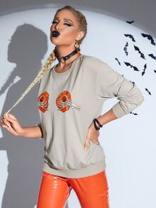 PUNK Halloween Print Drop Shoulder Sweatshirt - Apricot - View 5