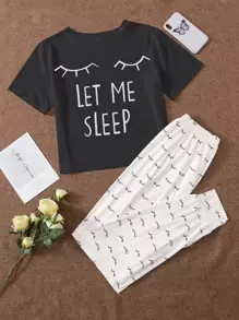 Eyelash And Slogan Graphic Tee & Trousers PJ Set - Black and White - View 1