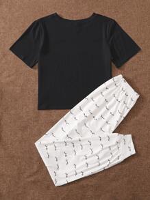 Eyelash And Slogan Graphic Tee & Trousers PJ Set - Black and White - View 2