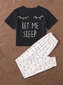 Eyelash And Slogan Graphic Tee & Trousers PJ Set - Black and White - View 4