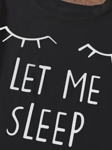 Eyelash And Slogan Graphic Tee & Trousers PJ Set - Black and White - View 5