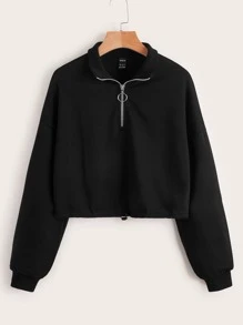 SHEIN Sudadera unicolor con cremallera media de hombros caídos - Negro - Ver 1
