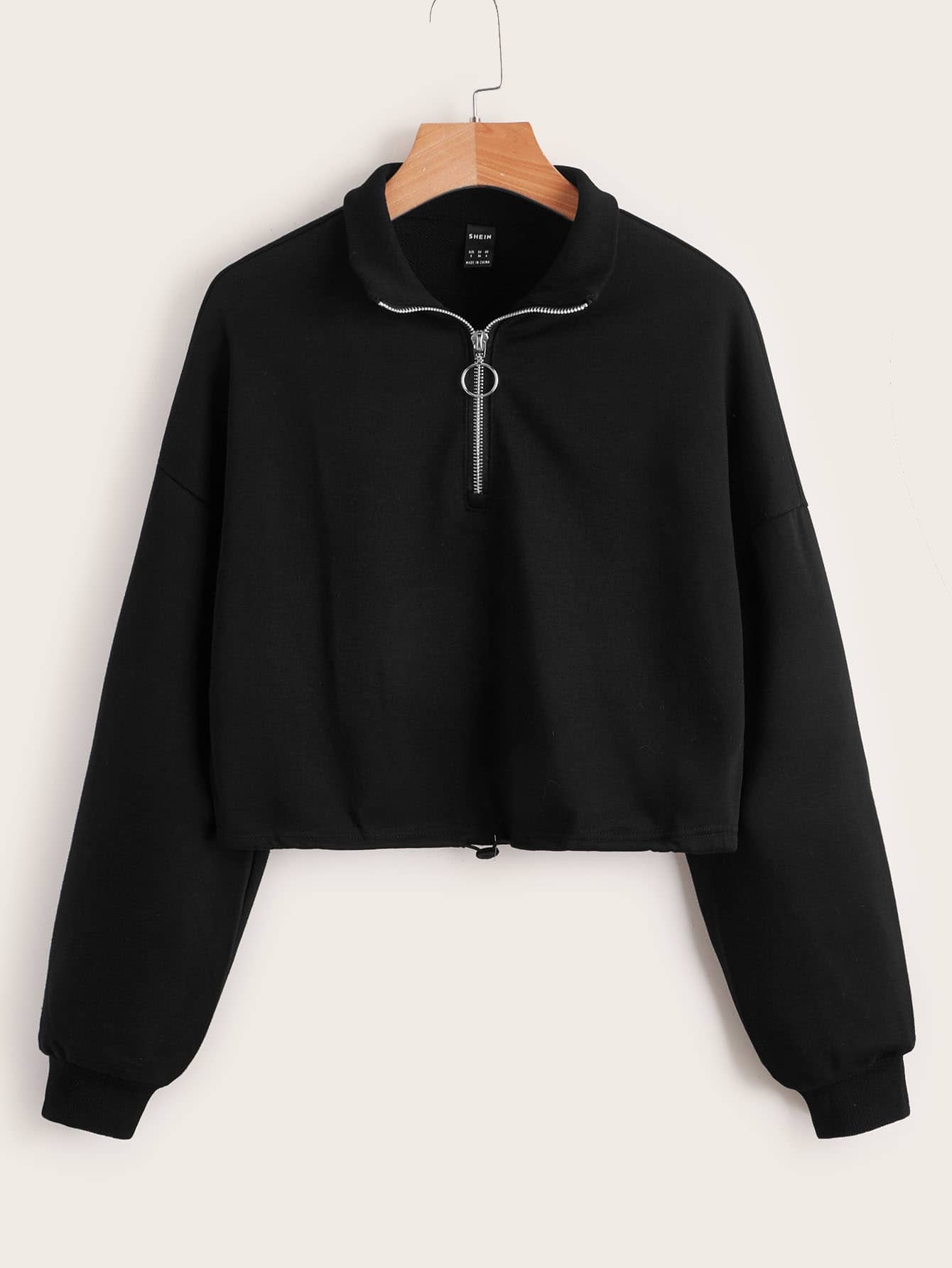 SHEIN Sudadera unicolor con cremallera media de hombros caídos - Negro - Ver 1