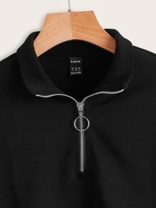 SHEIN Sudadera unicolor con cremallera media de hombros caídos - Negro - Ver 3