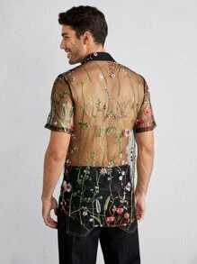 GENTILAND Men Floral Embroidery Sheer Mesh Shirt - Black - View 2