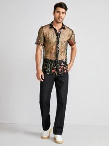 GENTILAND Men Floral Embroidery Sheer Mesh Shirt - Black - View 3