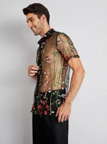 GENTILAND Men Floral Embroidery Sheer Mesh Shirt - Black - View 4