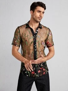 GENTILAND Men Floral Embroidery Sheer Mesh Shirt - Black - View 5