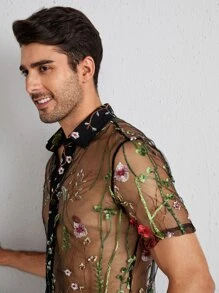 GENTILAND Men Floral Embroidery Sheer Mesh Shirt - Black - View 6