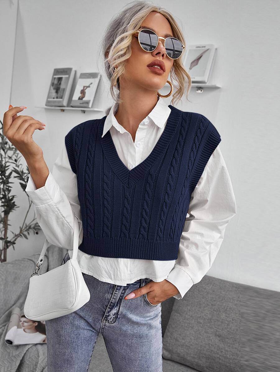 SHEIN Frenchy Cable Knit V-neck Sweater Vest - Navy Blue - View 1