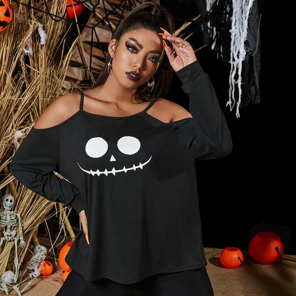 

Plus Halloween Print Cold Shoulder Tee, Black