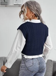 SHEIN Frenchy Cable Knit V-neck Sweater Vest - Navy Blue - View 2