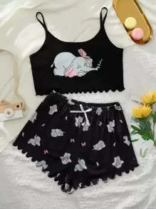 Elephant & Butterfly Print Lettuce Trim Cami PJ Set / Pajama Set - Black - View 1