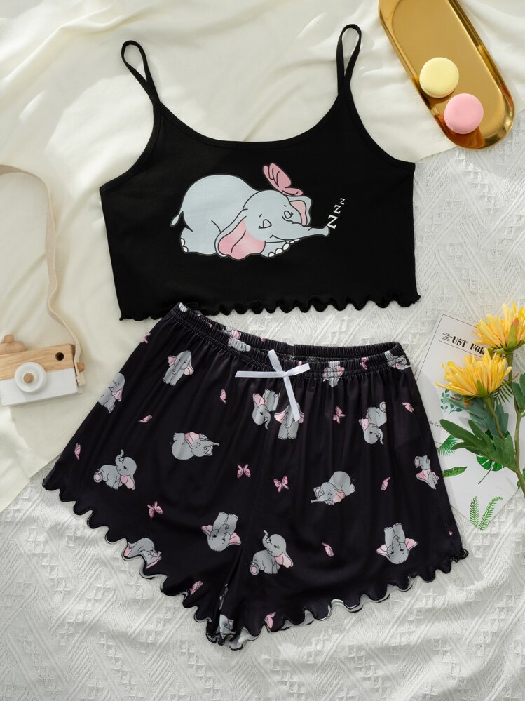 Snug Zone Conjunto de pijama/camiseta de tirantes con estampado de elefante y mariposa y ribete de lechuga - Negro - Añade 1