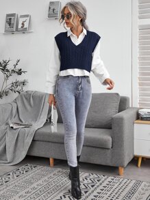 SHEIN Frenchy Cable Knit V-neck Sweater Vest - Navy Blue - View 3