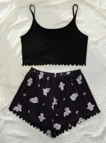 Elephant & Butterfly Print Lettuce Trim Cami PJ Set / Pajama Set - Black - View 2